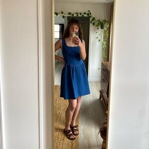 Denim Mini Dress - Blue Sleeveless Square Neck